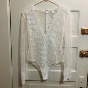 White lace mesh bodysuit, long sleeve